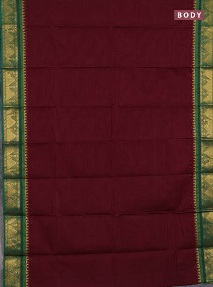 Chettinad cotton saree maroon and green with plain body and zari woven border