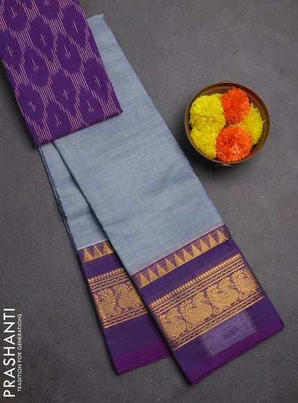 Chettinad cotton saree grey and purple with plain body and long zari woven simple border