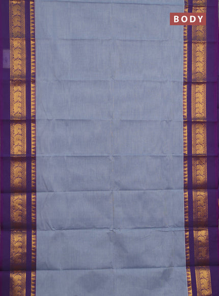 Chettinad cotton saree grey and purple with plain body and long zari woven simple border
