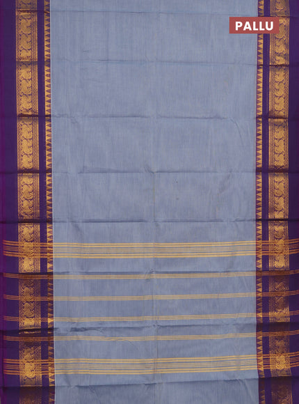 Chettinad cotton saree grey and purple with plain body and long zari woven simple border