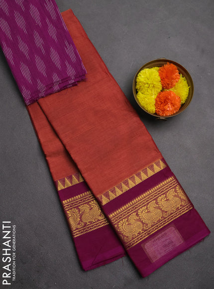 Chettinad cotton saree rust shade and purple with plain body and long zari woven simple border