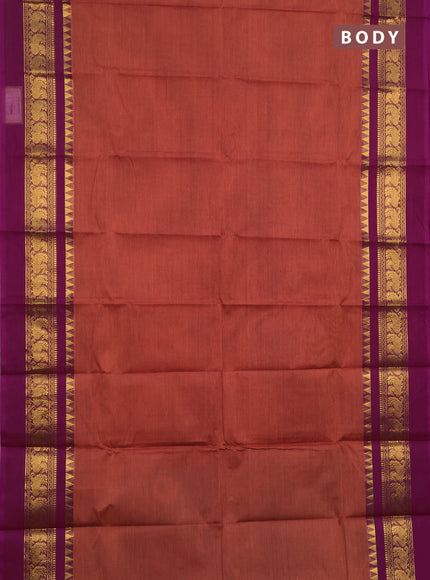 Chettinad cotton saree rust shade and purple with plain body and long zari woven simple border