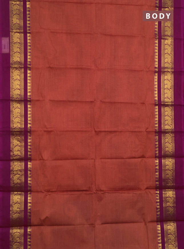 Chettinad cotton saree rust shade and purple with plain body and long zari woven simple border