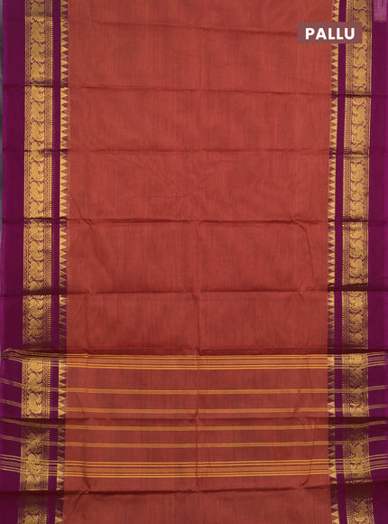 Chettinad cotton saree rust shade and purple with plain body and long zari woven simple border