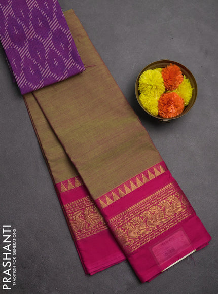 Chettinad cotton saree dual shade of green and pink purple with plain body and long zari woven simple border