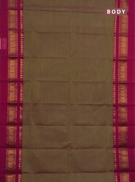 Chettinad cotton saree dual shade of green and pink purple with plain body and long zari woven simple border