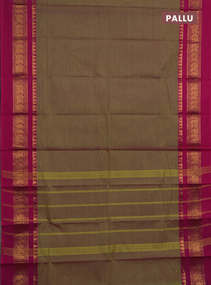 Chettinad cotton saree dual shade of green and pink purple with plain body and long zari woven simple border