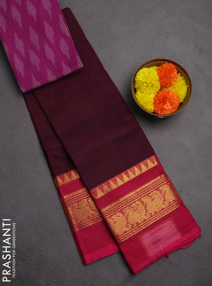 Chettinad cotton saree wine shade and pink purple with plain body and long zari woven simple border