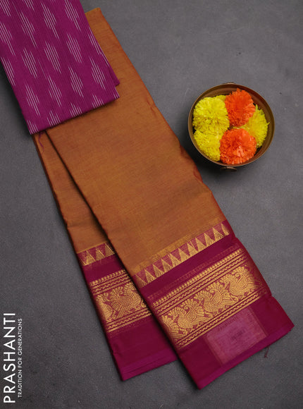 Chettinad cotton saree dark mustard and purple with plain body and long zari woven simple border
