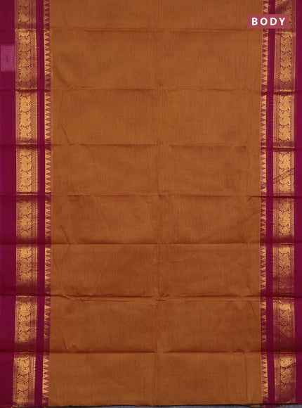 Chettinad cotton saree dark mustard and purple with plain body and long zari woven simple border