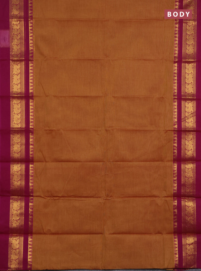 Chettinad cotton saree dark mustard and purple with plain body and long zari woven simple border
