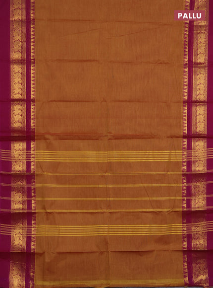 Chettinad cotton saree dark mustard and purple with plain body and long zari woven simple border