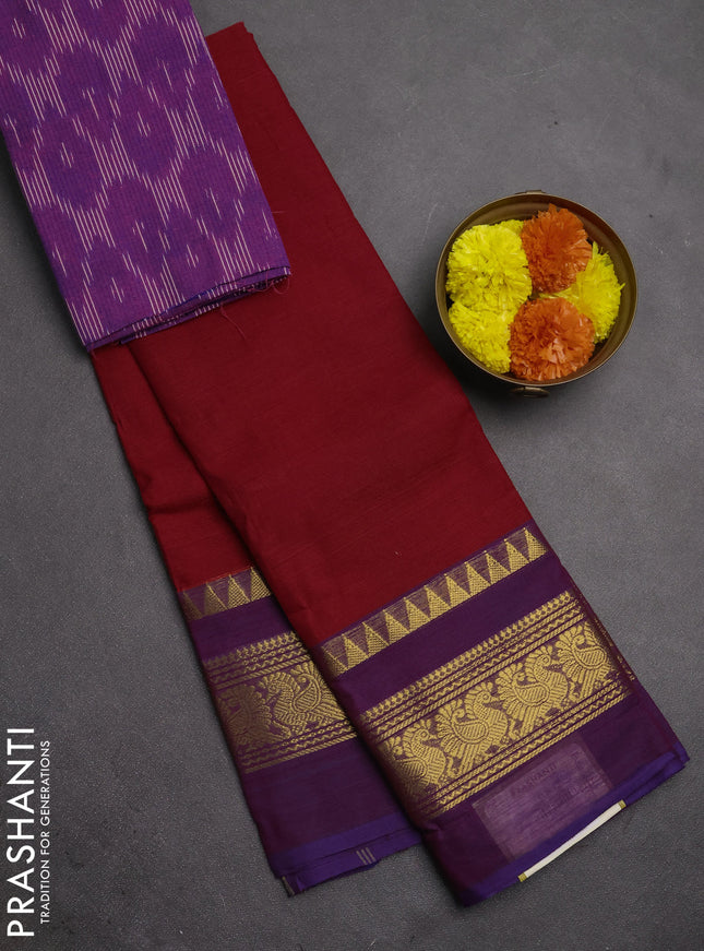 Chettinad cotton saree maroon and purple with plain body and long zari woven simple border