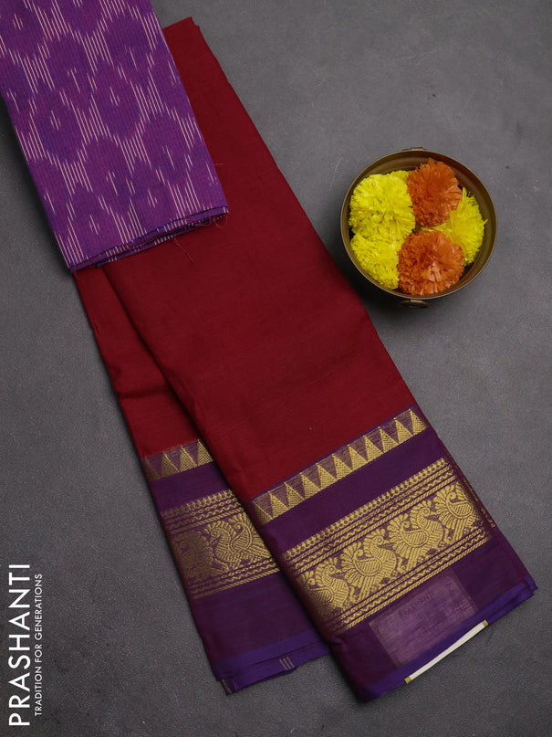 Chettinad cotton saree maroon and purple with plain body and long zari woven simple border