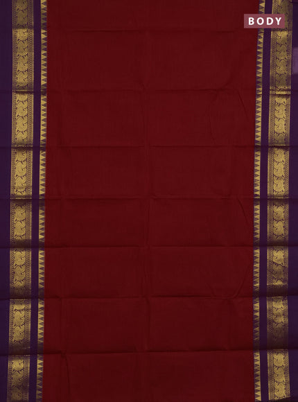 Chettinad cotton saree maroon and purple with plain body and long zari woven simple border
