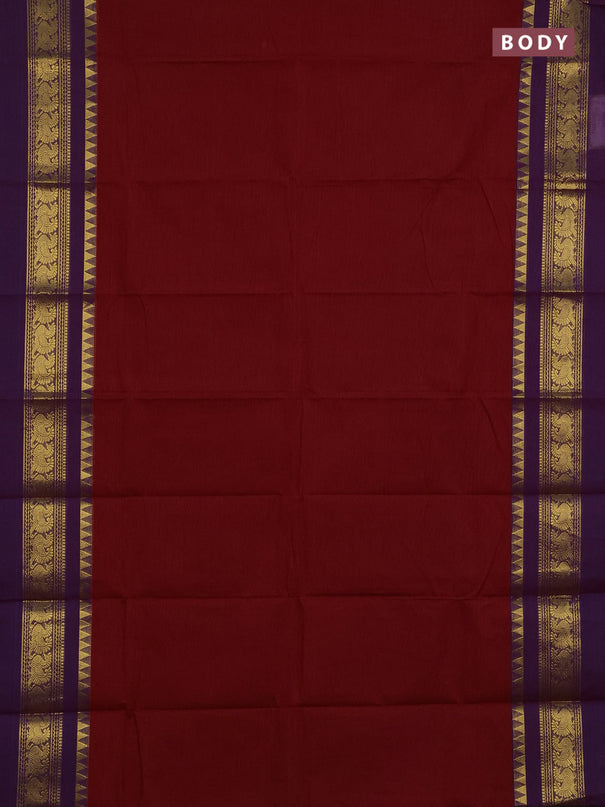 Chettinad cotton saree maroon and purple with plain body and long zari woven simple border