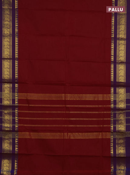 Chettinad cotton saree maroon and purple with plain body and long zari woven simple border