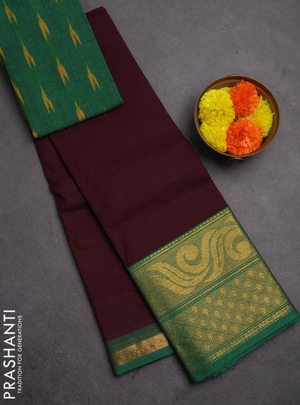 Chettinad cotton saree wine shade and green with plain body and long zari woven border