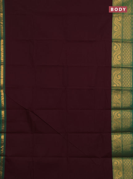 Chettinad cotton saree wine shade and green with plain body and long zari woven border