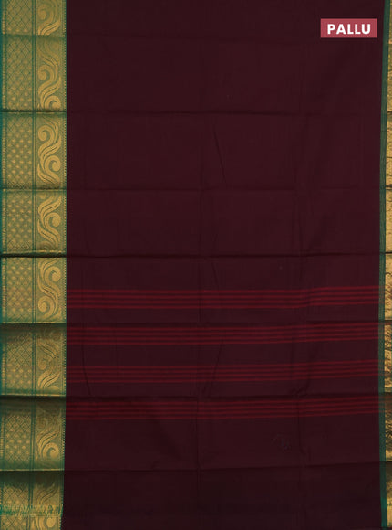 Chettinad cotton saree wine shade and green with plain body and long zari woven border