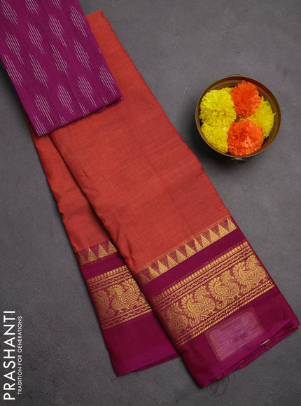Chettinad cotton saree rust shade and purple with plain body and long zari woven simple border