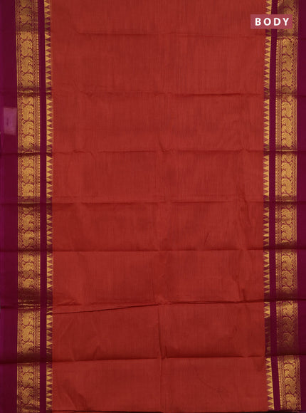 Chettinad cotton saree rust shade and purple with plain body and long zari woven simple border