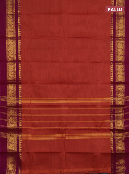 Chettinad cotton saree rust shade and purple with plain body and long zari woven simple border