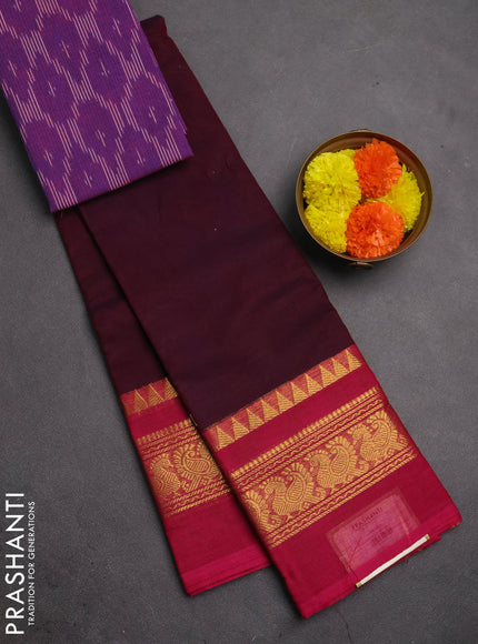 Chettinad cotton saree wine shade and pink purple with plain body and long zari woven simple border