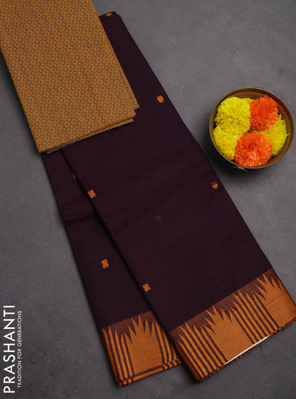 Chettinad cotton saree wine shade and dark mustard with thread woven buttas and temple thread woven border