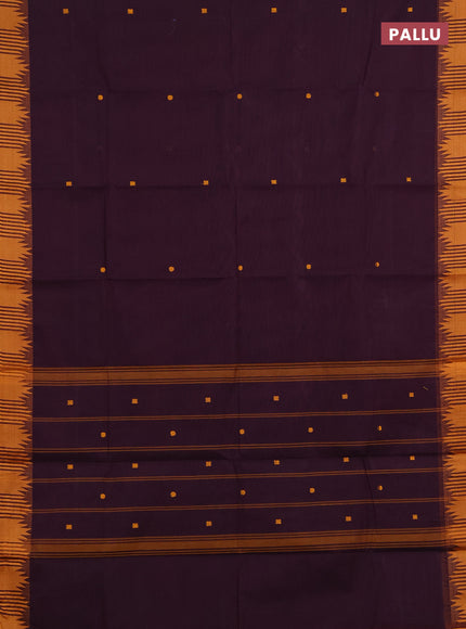 Chettinad cotton saree wine shade and dark mustard with thread woven buttas and temple thread woven border