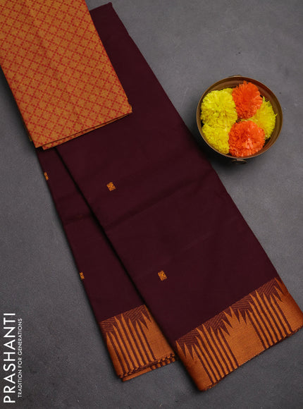 Chettinad cotton saree wine shade and mustard yellow with thread woven buttas and temple thread woven border