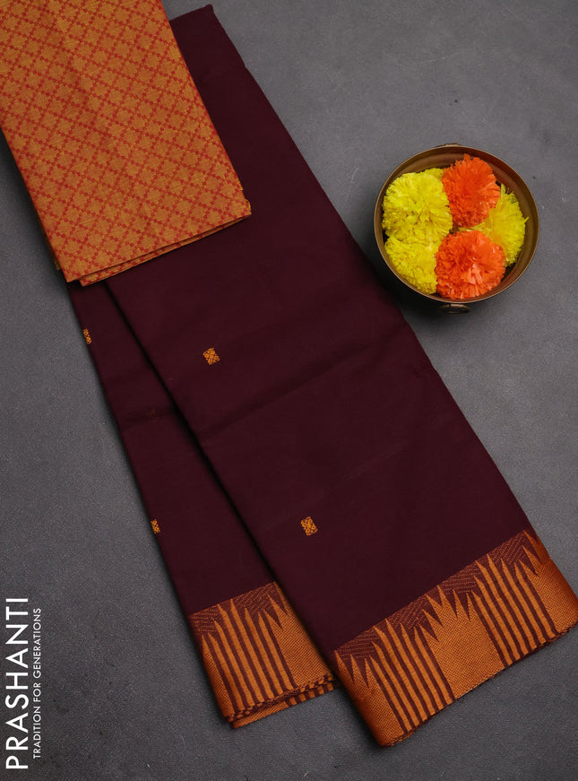 Chettinad cotton saree wine shade and mustard yellow with thread woven buttas and temple thread woven border