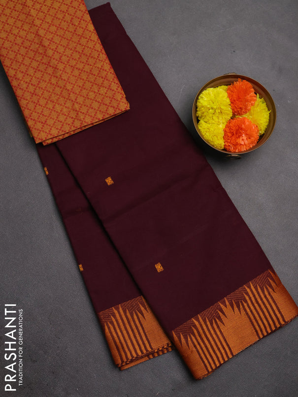 Chettinad cotton saree wine shade and mustard yellow with thread woven buttas and temple thread woven border
