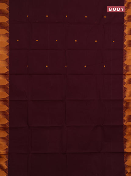 Chettinad cotton saree wine shade and mustard yellow with thread woven buttas and temple thread woven border
