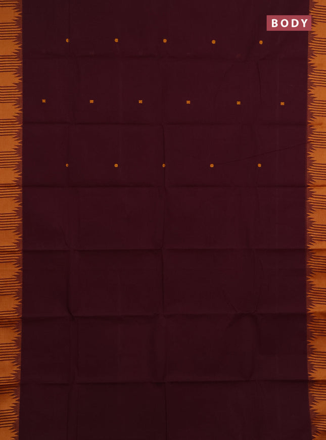 Chettinad cotton saree wine shade and mustard yellow with thread woven buttas and temple thread woven border