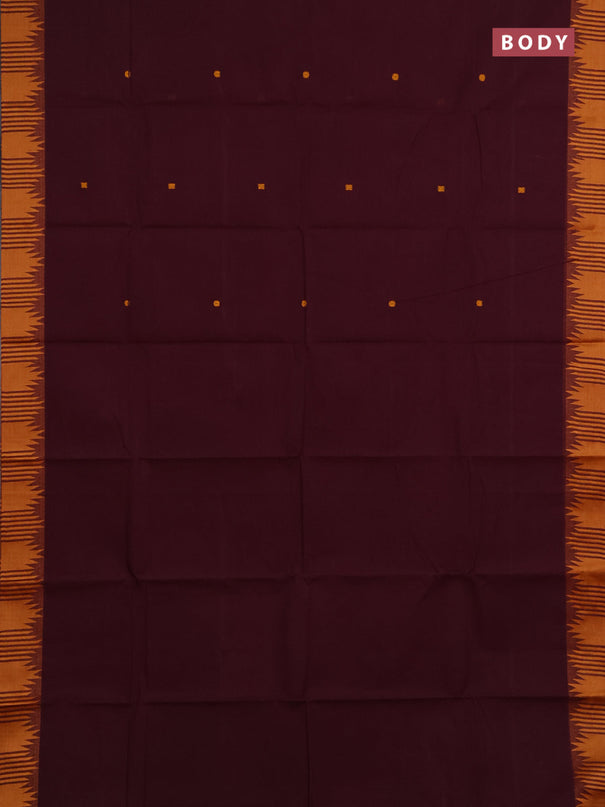 Chettinad cotton saree wine shade and mustard yellow with thread woven buttas and temple thread woven border