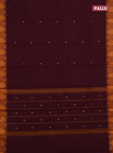 Chettinad cotton saree wine shade and mustard yellow with thread woven buttas and temple thread woven border