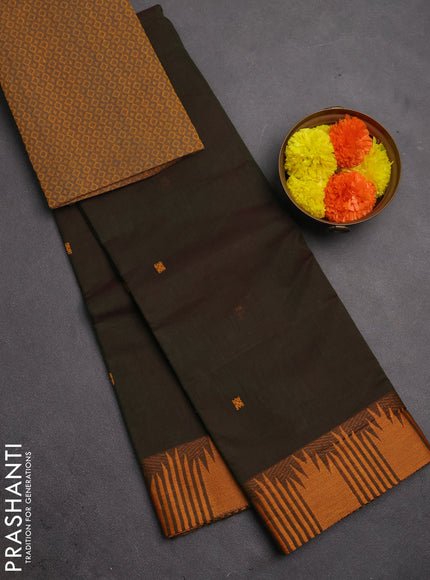 Chettinad cotton saree sap green and mustard yellow with thread woven buttas and temple thread woven border