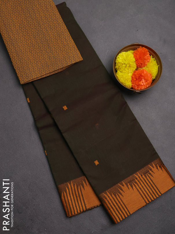 Chettinad cotton saree sap green and mustard yellow with thread woven buttas and temple thread woven border