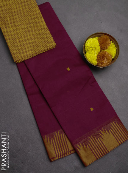 Chettinad cotton saree magenta pink and mustard yellow with thread woven buttas and temple thread woven border