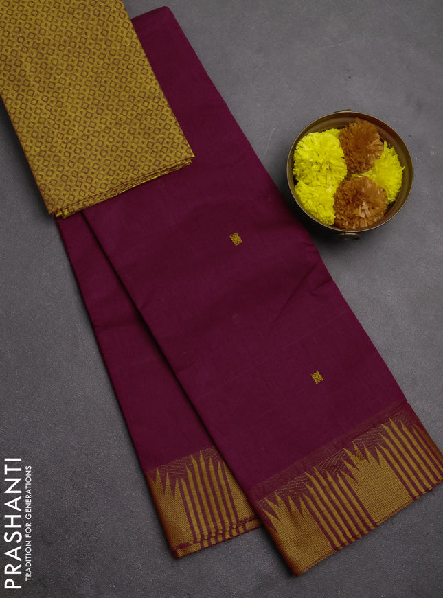 Chettinad cotton saree magenta pink and mustard yellow with thread woven buttas and temple thread woven border