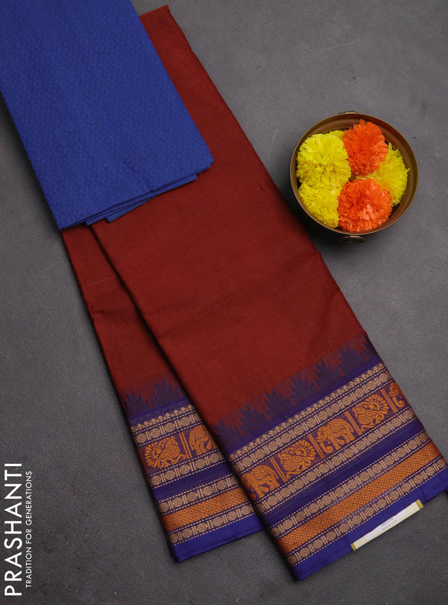 Chettinad cotton saree brown and blue with plain body and thread woven border