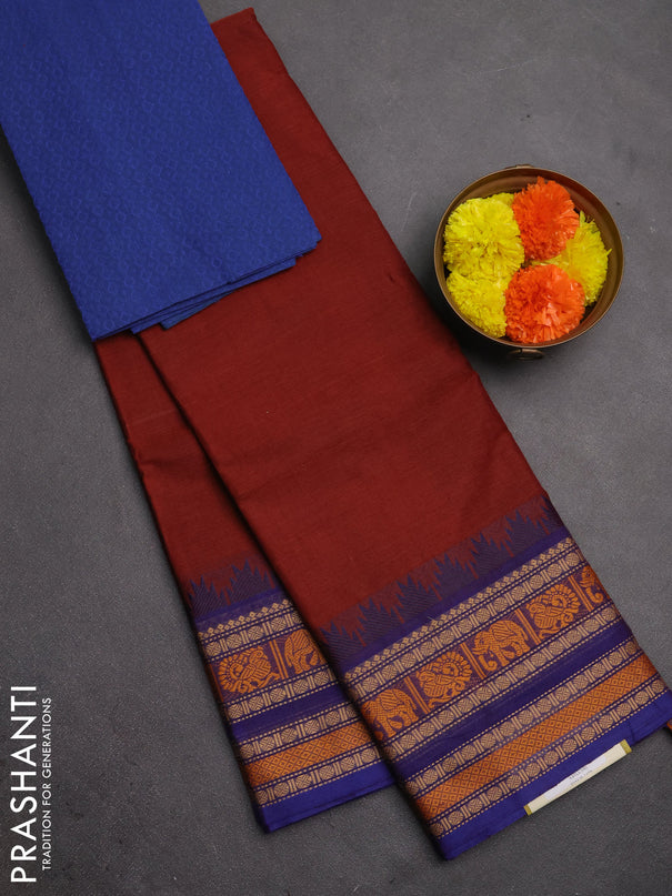 Chettinad cotton saree brown and blue with plain body and thread woven border