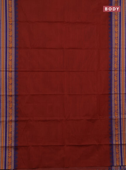 Chettinad cotton saree brown and blue with plain body and thread woven border