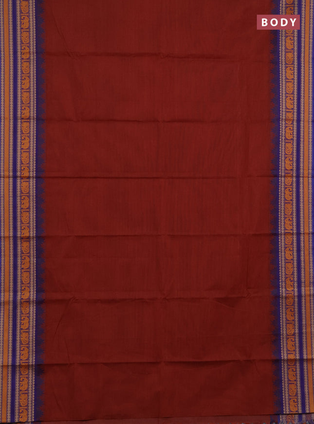 Chettinad cotton saree brown and blue with plain body and thread woven border