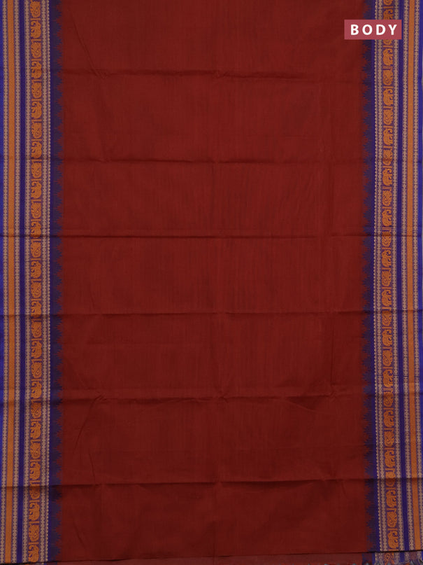 Chettinad cotton saree brown and blue with plain body and thread woven border