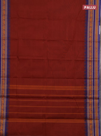 Chettinad cotton saree brown and blue with plain body and thread woven border