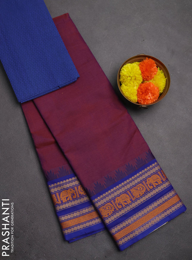 Chettinad cotton saree dual shade of purple and blue with plain body and thread woven border