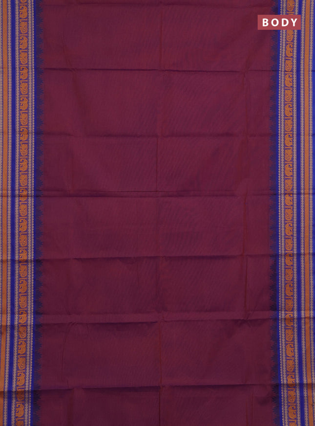 Chettinad cotton saree dual shade of purple and blue with plain body and thread woven border