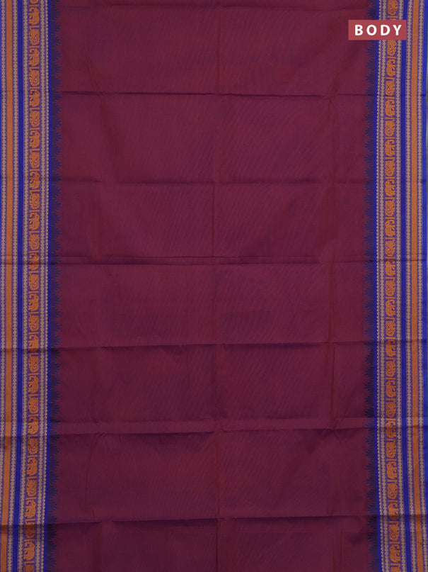 Chettinad cotton saree dual shade of purple and blue with plain body and thread woven border